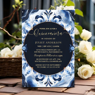 Ombre ivory Ice Sky Gold Royal Blue Quinceanera Invitation