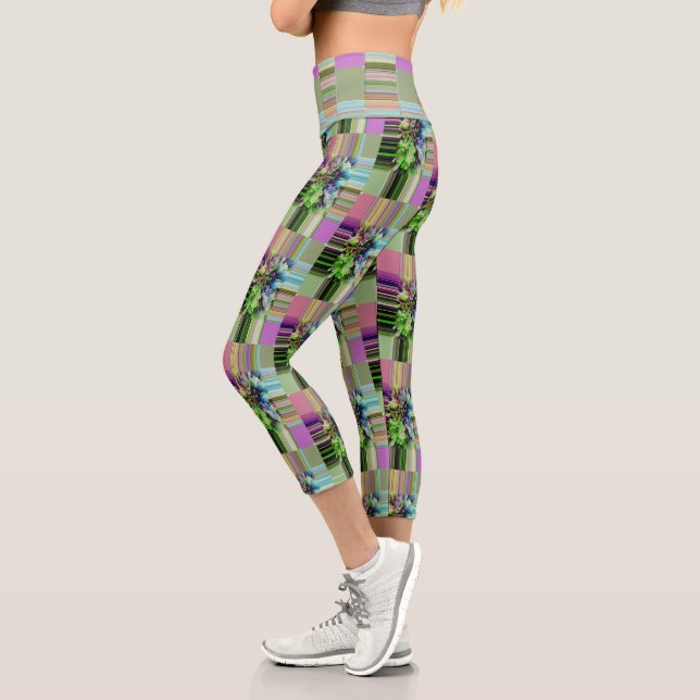 Ombre Lavender Sage Abstract Stripes Bursting Out Capri Leggings (Left)