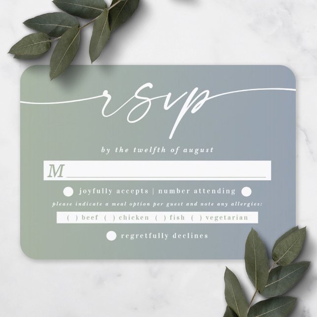 Ombre Leaf Green & Dusty Blue Wedding Meal Choice RSVP Card (Creator Uploaded)