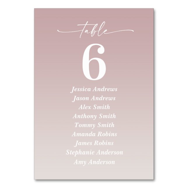 Ombre Mauve Pink & Gardenia White Guest Names Table Number (Front)