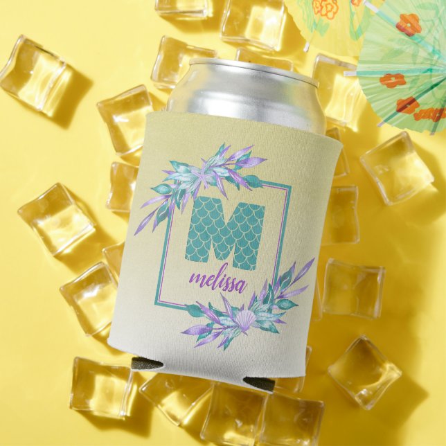 Ombre Mermaid Scales Monogram | Watercolor Floral Can Cooler (In Situ Summer)