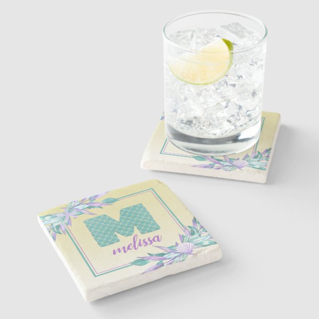 Ombre Mermaid Scales Monogram | Watercolor Floral Stone Coaster (Side)