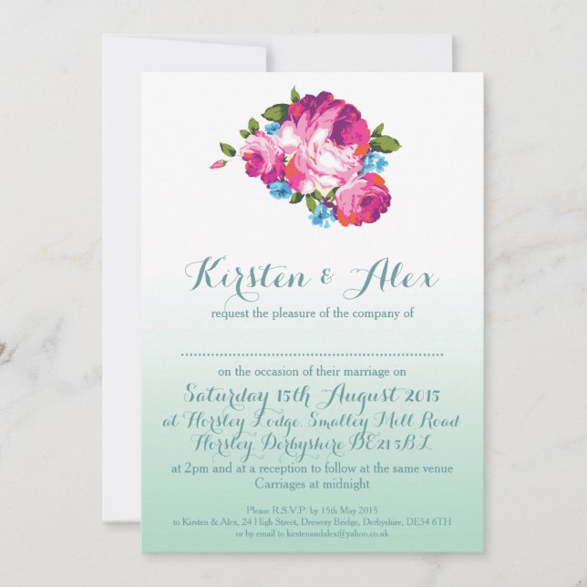 Ombre Mint Floral Wedding Invitations (Front)