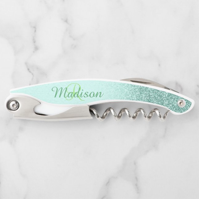 Ombre Mint Green Fading Stylish Monogram Glitter Corkscrew (Front)