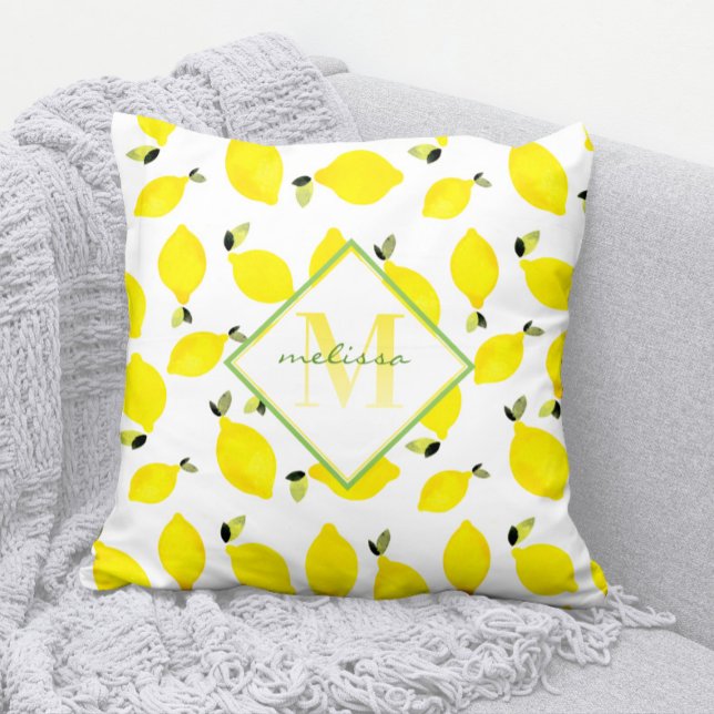 Ombre Monogram Bright Lemons Yellow Green White Cushion (Modern Lemon Pattern Monogram Pillow with Name)
