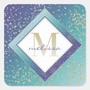 Ombre Monogram Mermaid Teal Purple Gold Fairy Dust Square Sticker