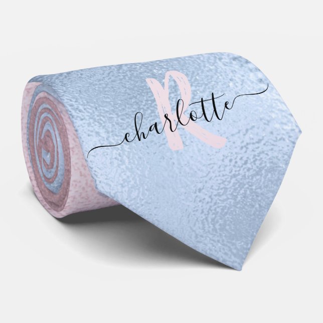 Ombre Monogram Shimmery Rose Gold and Baby Blue Tie (Rolled)