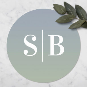 Ombre Monogrammed Dusty Blue & Green Wedding Classic Round Sticker