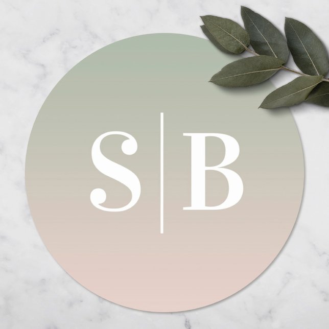 Ombre Monogrammed Leaf Green & Light Pink Wedding Classic Round Sticker (Creator Uploaded)