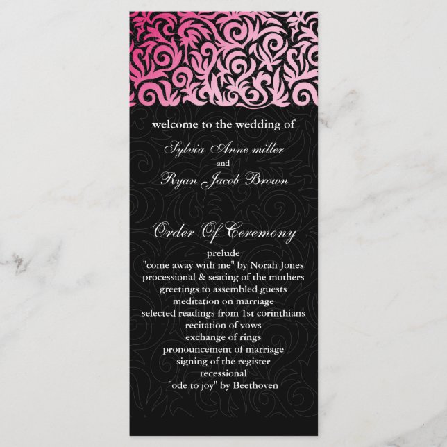 ombre pink and Black Swirling Border Wedding Programme (Front)