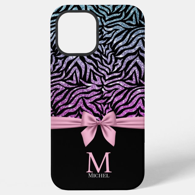 Ombre pink-blue Glitter Zebra Stripes Bow Monogram iPhone Case (Back)