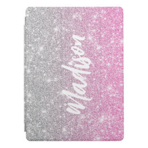 Ombre Pink Silver Glitter Calligraphy Name iPad Pro Cover