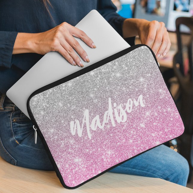 Ombre Pink Silver Glitter Calligraphy Name Laptop Sleeve (Creator Uploaded)