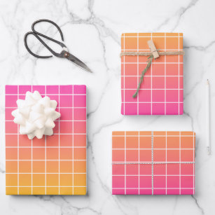 Ombre Pink Yellow Orange Grid Pattern  Wrapping Paper Sheet