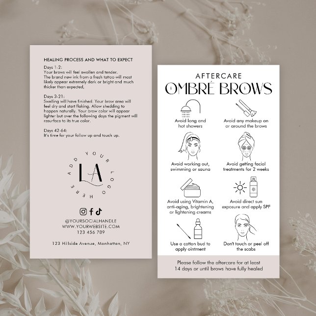 Ombré Powder Brows Aftercare Modern Cream & White Business Card (Elegant powder brows aftercare cards with care icons and space for your business details)