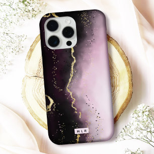 Ombre Purple Burgundy with Gold Modern Monogram iPhone 15 Pro Max Case