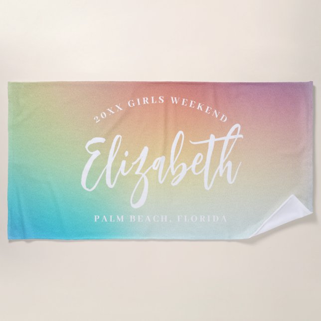 Ombre Rainbow Girls Weekend Personalised Name Beach Towel (Front)