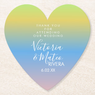 Ombre Rainbow Yellow Blue Pink Wedding Thank You Paper Coaster