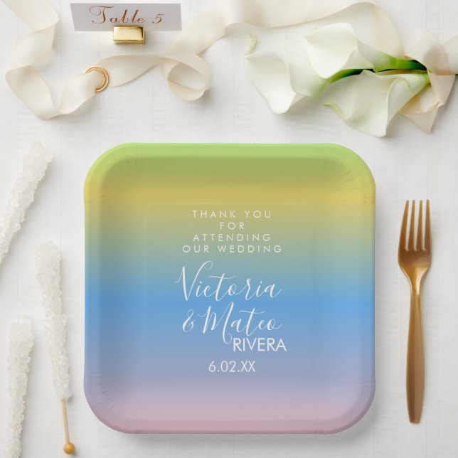 Ombre Rainbow Yellow Blue Pink Wedding  Thank You  Paper Plate (Wedding)
