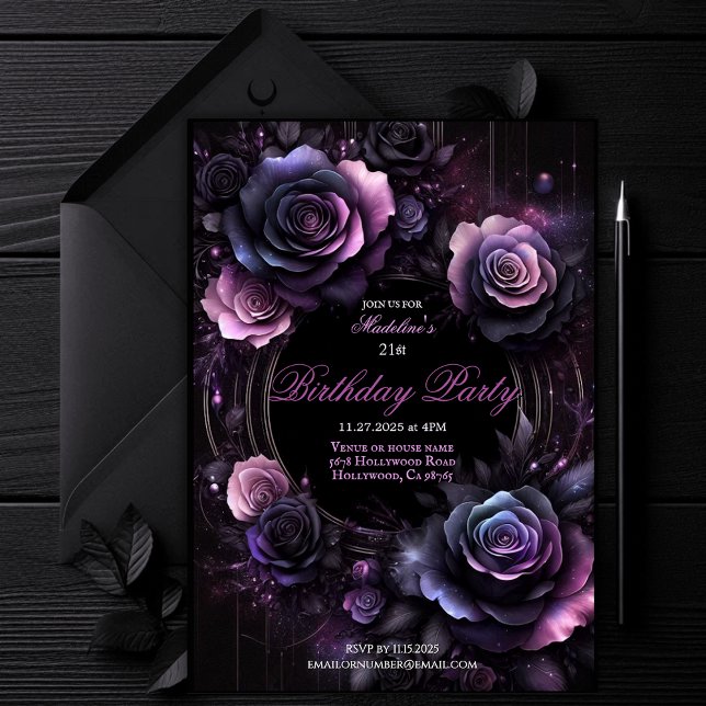 Ombré Roses Birthday Party Invitation, Elegant  Invitation (dark elegant birthday invite, floral gothic party invite, black pink purple roses event invitation,)
