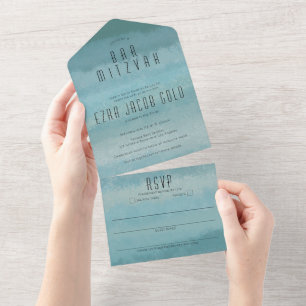 Ombre Sea Blue Elegant CUSTOM BAT BAR MITZVAH All In One Invitation