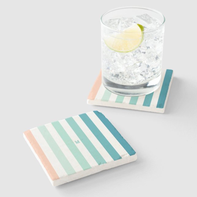 Ombre Sea Shore Stripe & Personalised Monogram Stone Coaster (Side)
