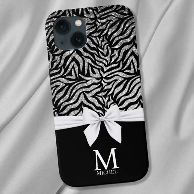 Ombre silver Glitter Zebra Stripes Bow Monogram Case-Mate iPhone Case (Creator Uploaded)