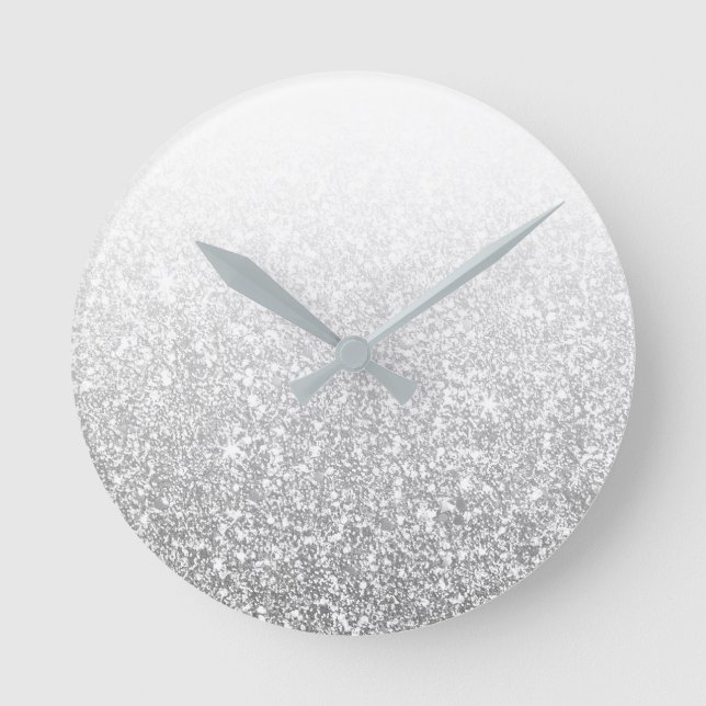 Ombre Silver Sparkly White Blue White Grey Minimal Round Clock (Front)
