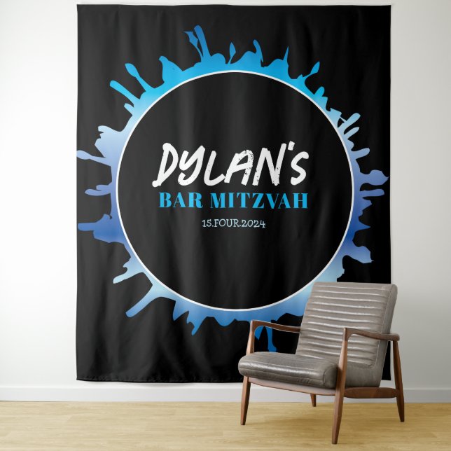 Ombre Splatter Blue Bar Mitzvah Photo-Op Backdrop Tapestry (In Situ)