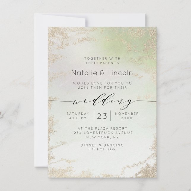 Ombre Spring Green Gold Foil Frost Trendy Wedding Invitation (Front)