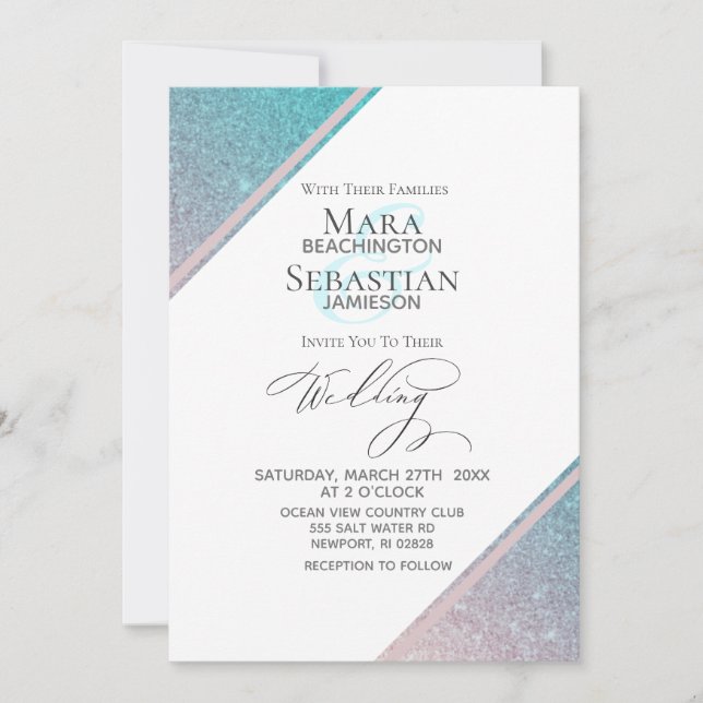 *~* Ombre Teal Beach Glitter Trendy AR4 Wedding Invitation (Front)