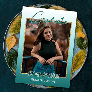 Ombre Teal Blue Green Gold Glitter Graduation Announcement
