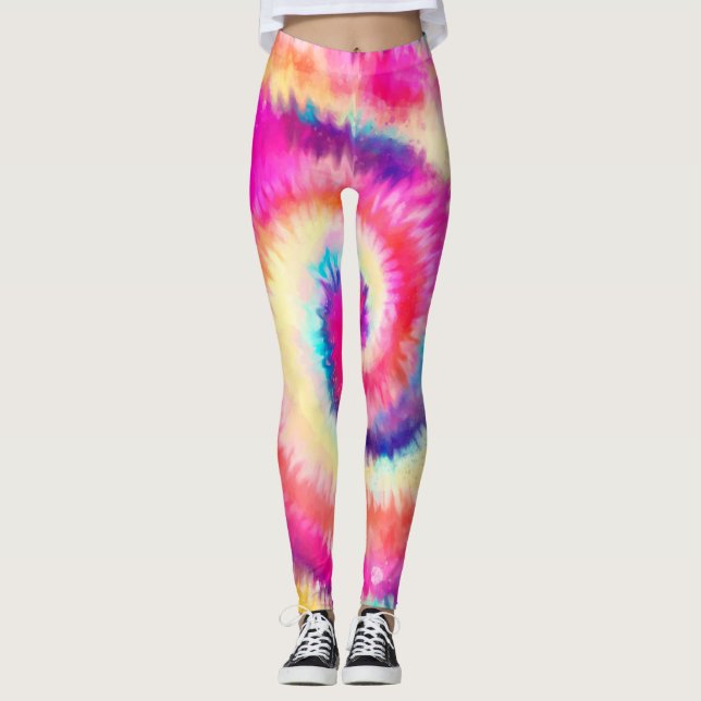 Ombre Tie Dye Rainbow Swirl Pink Yellow Leggings (Front)