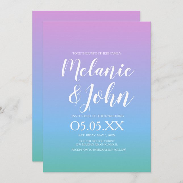 Ombre Tone Rainbow Soft Purple Blue Green Wedding Invitation (Front/Back)