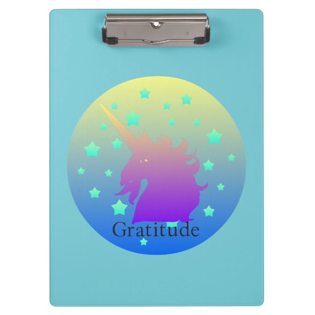 Ombre unicorn with word gratitude clipboard (Front)