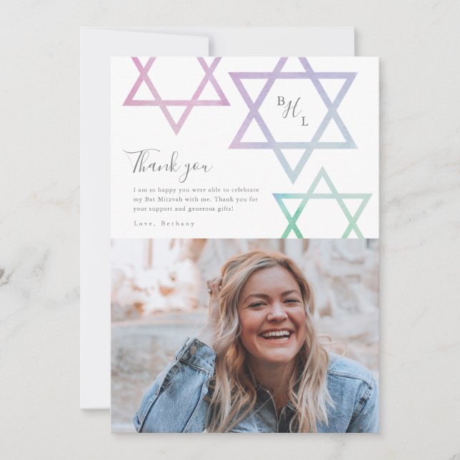Ombre Watercolor Photo Bat Mitzvah Thank You Card (Front)