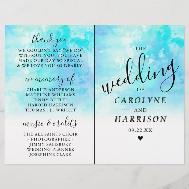 Ombre Watercolor Wedding Bi-fold Programs - Blue (Front)
