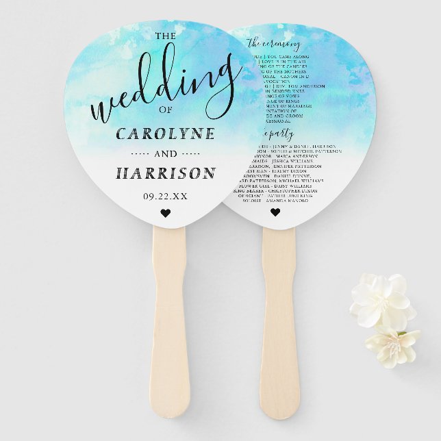 Ombre Watercolor Wedding Program Hand Fans - Blue (Front and Back)