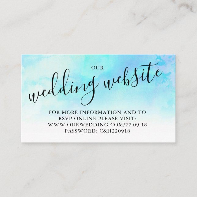 Ombre Watercolor Wedding Website Card - Blue (Front)