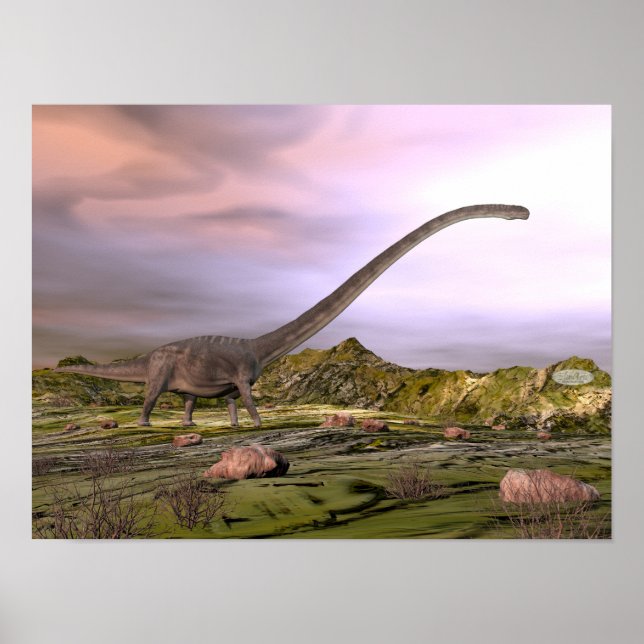 Omeisaurus walking in the desert by sunset poster (Front)