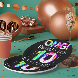 OMG! This Kid Is Now 10 Double Digits Paint Drip Paper Plate