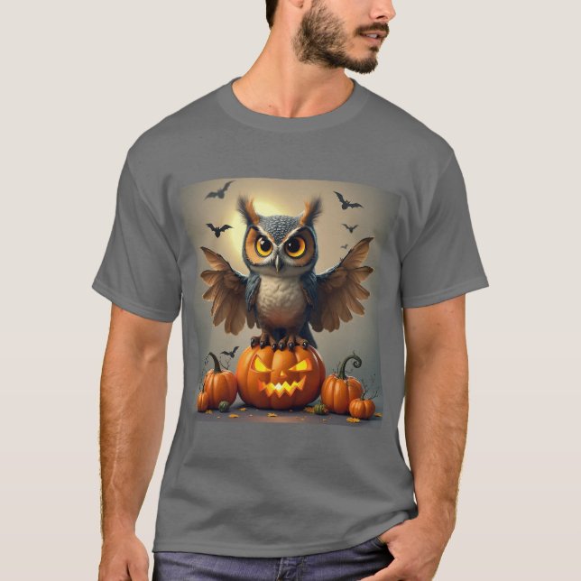 Ominous Owl with Spooky Pumpkins: Halloween Vibes  T-Shirt (Front)