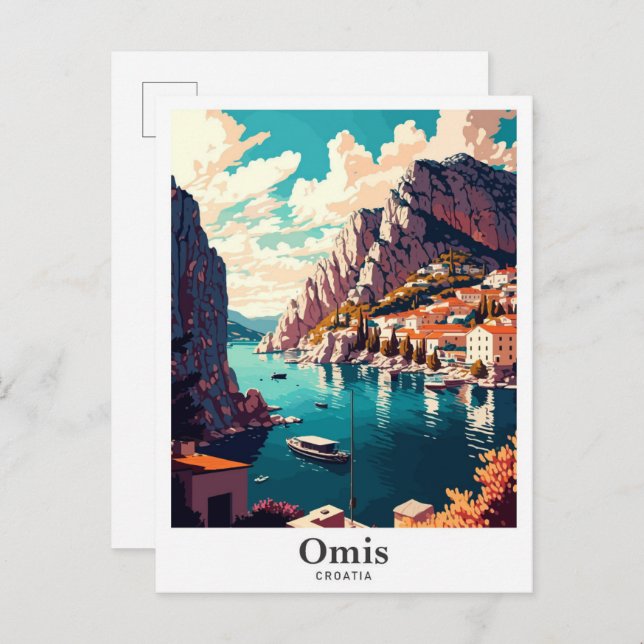 Omis Croatia Vintage Travel Potrait Illustration Postcard (Front/Back)
