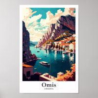 Omis Croatia Vintage Travel Potrait Illustration