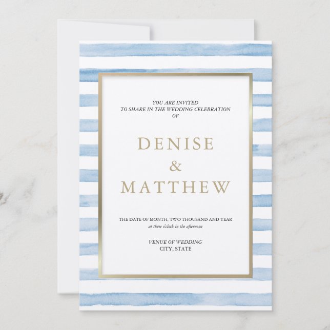 Omphalodes Blue Watercolor Stripe & Gold Lettering Invitation (Front)