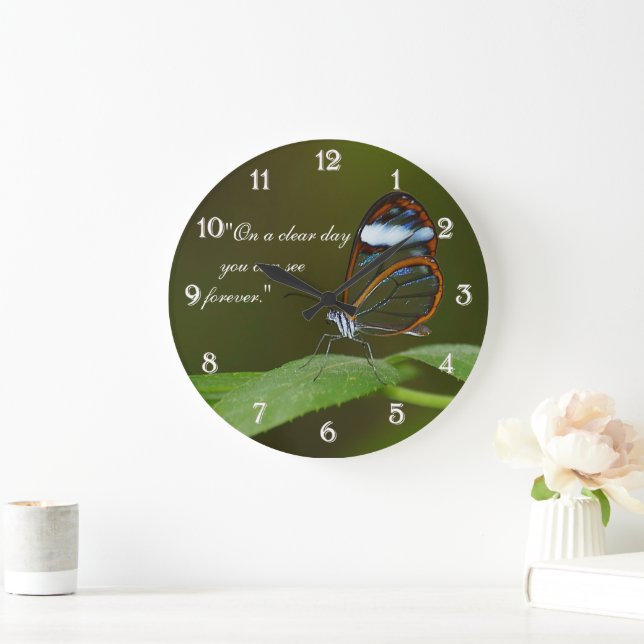 "On a Clear Day" Glasswing Butterfly Design Large Clock (Home)