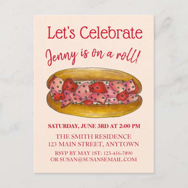 On a Lobster Roll Congratulations Maine ME Foodie Invitation Postcard (Front)