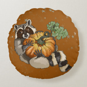On a Roll Racoon Pumpkin Autumn Round Cushion