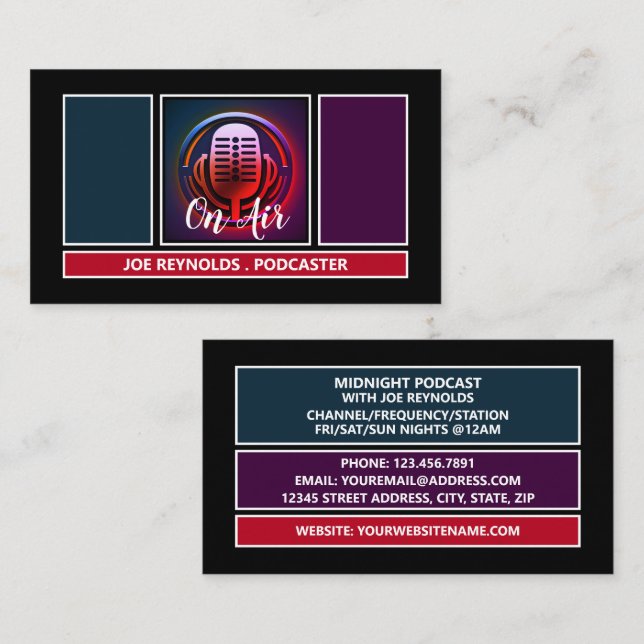 On Air Podcaster, Retro Podcast Business Card (Front/Back)