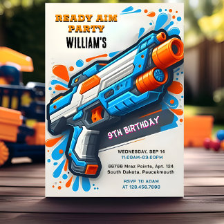 On Ammo Team Army Cute Cool Neon Nerf 9th Birthday Invitation